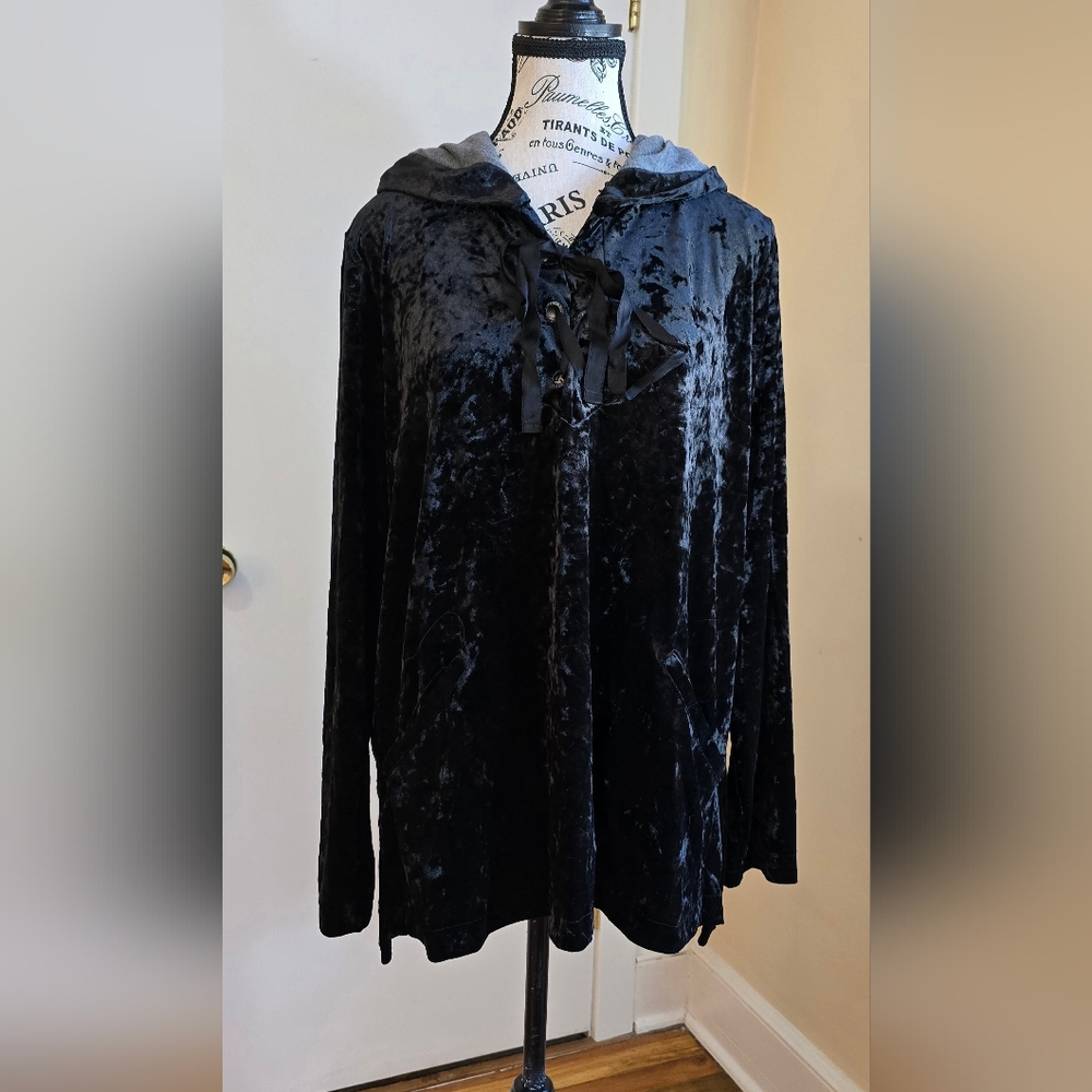 Juicy Couture Black Crushed Velvet Hooded Lace-Up Top